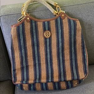 Tory Burch Brown and Blue Striped Tote Bag